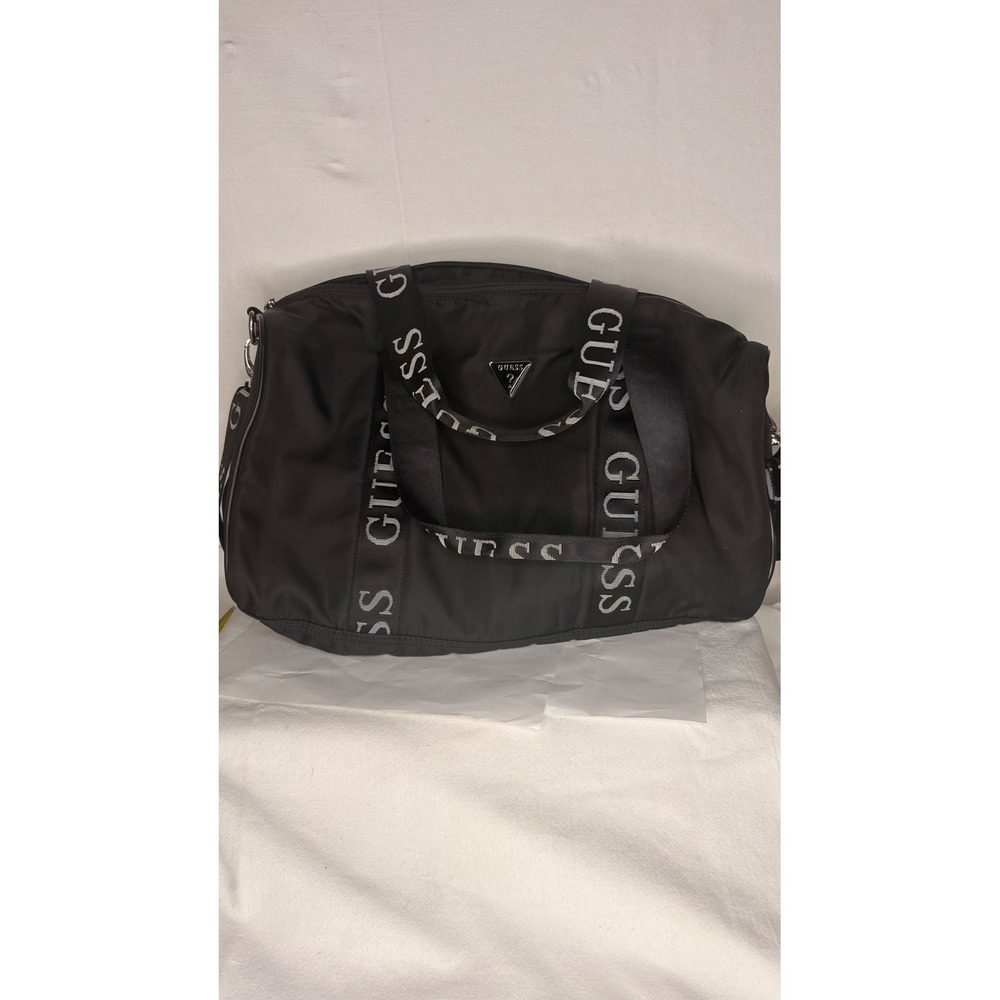 Guess Black Nylon Duffel Bag Logo Webbing Straps Weekender Travel Gym Bag